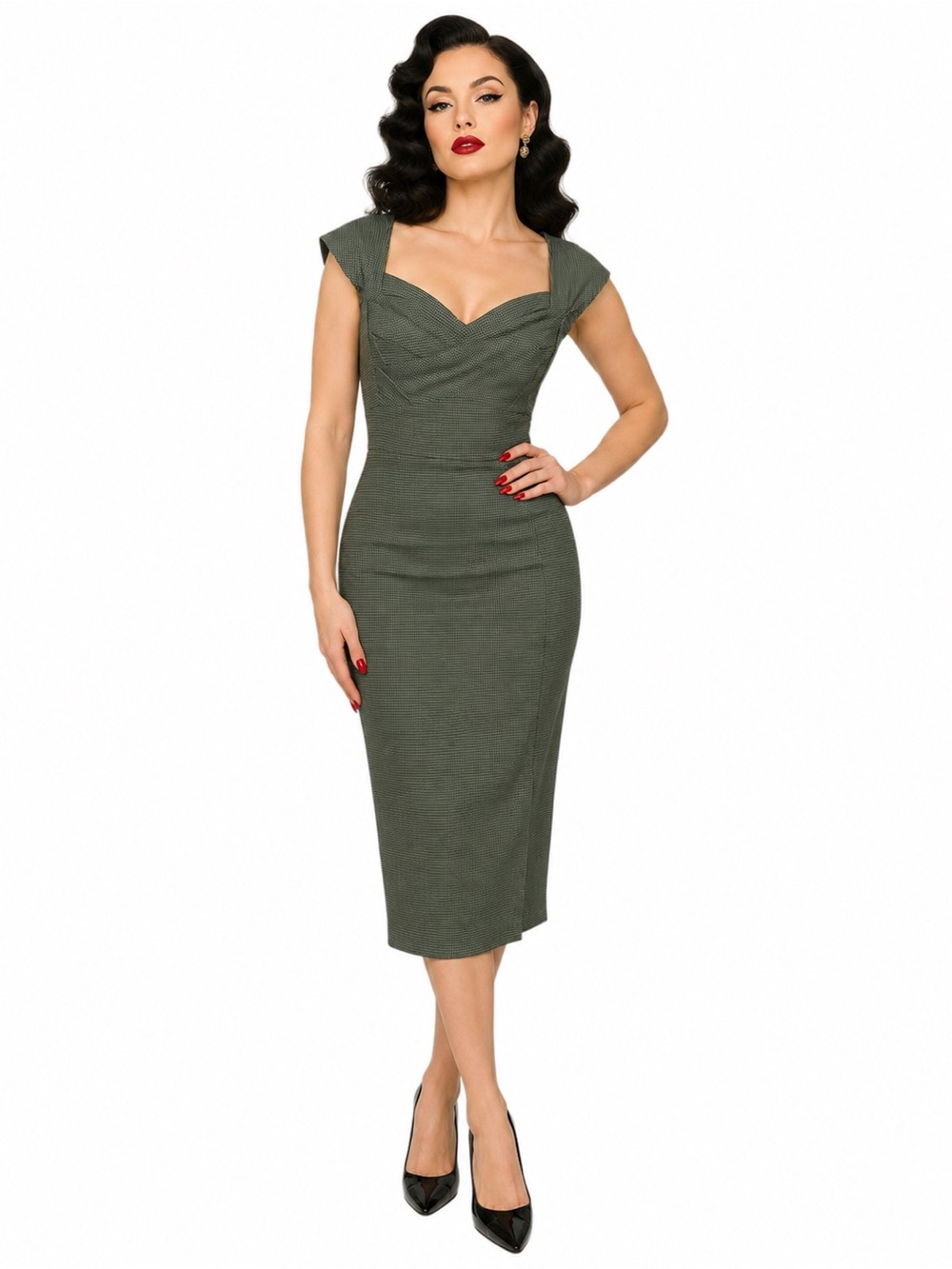 STOP STARING Olive Green Houndstooth Wiggle Dress Retro Pinup Midi Rockabilly S